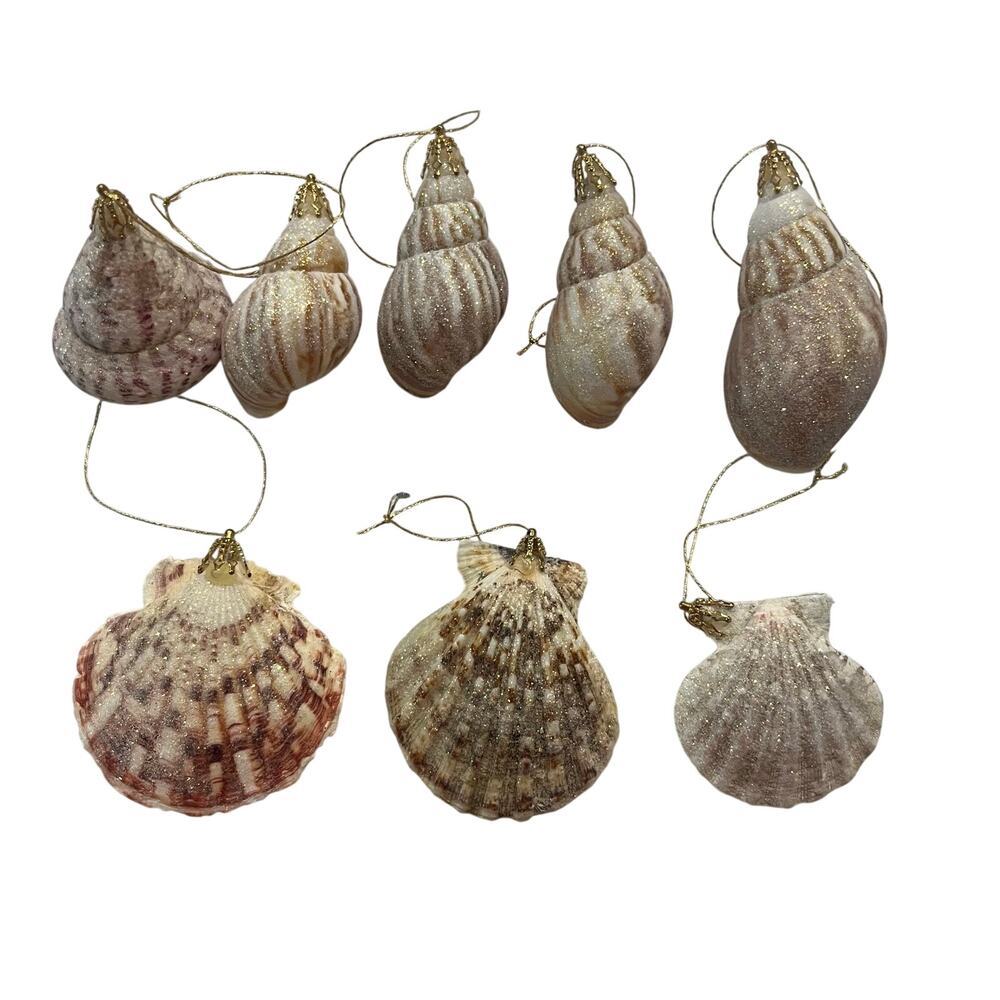 Beach Christmas Ornament Lot 8 Real Seashells Scallop Spiral Glitter Gold Cap